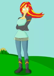 Size: 2893x4092 | Tagged: safe, artist:maksimumindustries, derpibooru import, sunset shimmer, equestria girls, absurd resolution, boots, breasts, clothes, crossed arms, female, grass field, leather jacket, lidded eyes, pants, sad, scenery, solo, tree