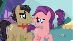 Size: 1283x717 | Tagged: safe, derpibooru import, screencap, filthy rich, spoiled rich, pony, where the apple lies, boop, cute, discovery family logo, eye contact, frown, glare, nose wrinkle, noseboop, open mouth, smiling, spoiled milk, spoilthy, younger