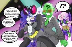 Size: 2241x1457 | Tagged: suggestive, artist:blackbewhite2k7, derpibooru import, rarity, sweetie belle, oc, oc:anon, human, pony, bedroom eyes, catgirl, catwoman, crossover, distraction, dollars, human on pony action, interspecies, kitrina falcone, lights, pickpocketing, seduction, stealing, teasing, wallet, whip
