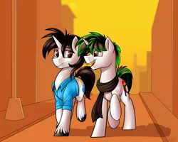 Size: 4000x3200 | Tagged: safe, artist:rubywave32, derpibooru import, oc, oc:creative flair, oc:kernel crash, unofficial characters only, pony, unicorn, clothes, scarf, shirt, street