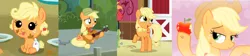 Size: 1972x441 | Tagged: safe, derpibooru import, screencap, applejack, earth pony, pony, apple family reunion, simple ways, the mane attraction, where the apple lies, age progression, apple, baby, baby pony, babyjack, cropped, diaper, female, filly, filly applejack, foal, food, guitar, mare, teenage applejack, teenager, younger