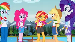 Size: 1364x768 | Tagged: safe, derpibooru import, screencap, applejack, fluttershy, pinkie pie, rainbow dash, sunset shimmer, equestria girls, legend of everfree, embrace the magic, lidded eyes, out of context