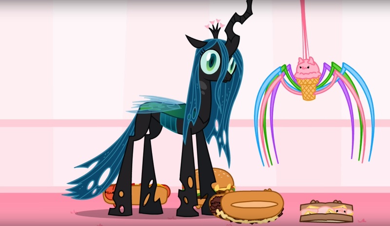 Size: 1608x935 | Tagged: artist:mixermike622, bologna sandwich, burger, derpibooru import, food, hamburger, hot dog, ice cream spider, meat, my little foody, queen chrysalis, safe, sausage, what has science done