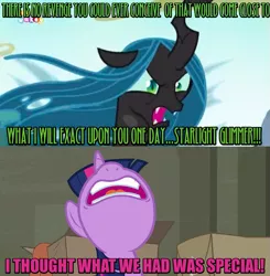 Size: 805x822 | Tagged: safe, derpibooru import, edit, edited screencap, screencap, queen chrysalis, twilight sparkle, twilight sparkle (alicorn), alicorn, changeling, changeling queen, pony, the saddle row review, to where and back again, dumped (spongebob squarepants), female, heartbreak, image macro, meme, spongebob squarepants