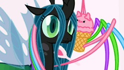 Size: 854x480 | Tagged: animated, artist:mixermike622, brushie, brushing, context is for the weak, derpibooru import, fluffle puff tales, food, gif, hail hydra, hairbrush, ice cream, ice cream pony, ice cream spider, my little foody, not salmon, queen chrysalis, safe, species swap, spider, thousand yard stare, wat, youtube link