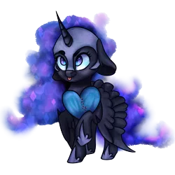 Size: 2362x2362 | Tagged: dead source, safe, artist:inviizzible, derpibooru import, nightmare moon, :p, blushing, cute, filly, floppy ears, fluffy, heart, looking up, moonabetes, nicemare moon, nightmare mlem, nightmare woon, pillow, raised hoof, simple background, smiling, solo, spread wings, tongue out, transparent background, younger
