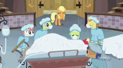 Size: 1280x716 | Tagged: safe, derpibooru import, screencap, applejack, big macintosh, distant star, filthy rich, granny smith, lolli love, nurse heartstick, nurse tenderheart, parasol, sea swirl, seafoam, spoiled rich, tender care, earth pony, pegasus, pony, unicorn, where the apple lies, animated, clothes, discovery family logo, doctor, face mask, female, freckles, gasp, gif, gurney, implied amputation, loop, male, mare, nurse, ponyville hospital, saw, scrubs (gear), spoiled milk, spoilthy, stallion, surgeon, sweat, sweating profusely, teenage applejack, teenage big macintosh, teenager, you know for kids, younger