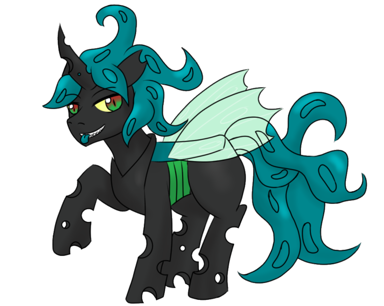 Size: 1004x800 | Tagged: safe, artist:jolliapplegirl, derpibooru import, oc, oc:toxic love, unofficial characters only, changeling, changeling oc, magical lesbian spawn, next generation, offspring, parent:mane-iac, parent:queen chrysalis, parents:mane-salis, solo, tongue out