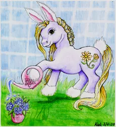 Size: 600x653 | Tagged: artist:nekokadi, bunny ears, bunny tail, daisyjo, derpibooru import, flower, g3, pen drawing, safe, solo, traditional art, watering can