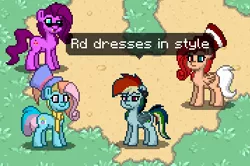 Size: 357x237 | Tagged: safe, derpibooru import, screencap, fluttershy, pinkie pie, rainbow dash, rainbow dash (g3), pony, elements of insanity, pony town, clothes, fluttershout, g3, hat, pinkis cupcake, rainbine, rainbine ears, rainbow dash always dresses in style, rainbow dash is not amused, scarf, unamused