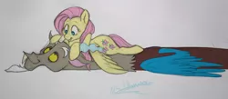 Size: 1024x447 | Tagged: safe, artist:sirskipper, derpibooru import, discord, fluttershy, discoshy, eye contact, looking at each other, lying down, male, prone, shipping, simple background, straight, traditional art