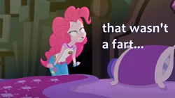 Size: 1920x1080 | Tagged: safe, derpibooru import, edit, edited screencap, screencap, pinkie pie, equestria girls, legend of everfree, bed, caption, clothes, gritted teeth, image macro, implied sharting, lidded eyes, meme, out of context, solo, that wasn't a fart, wat