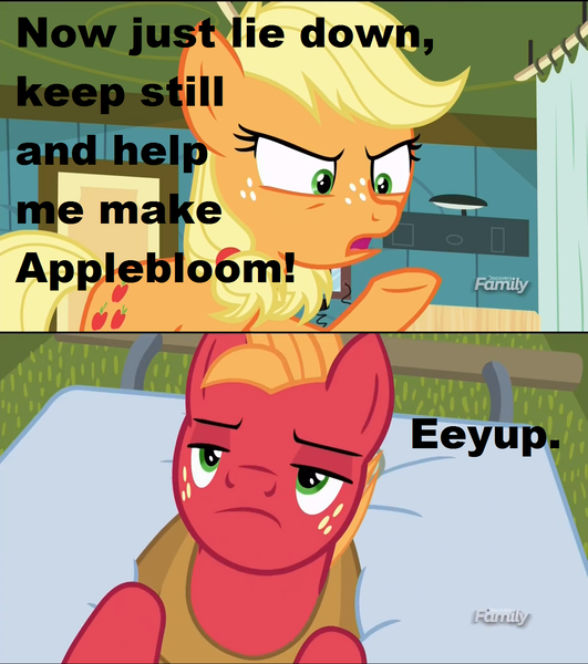 Size: 1360x1536 | Tagged: suggestive, derpibooru import, edit, edited screencap, screencap, applejack, big macintosh, earth pony, pony, where the apple lies, applecest, applemac, caption, implied incest, implied sex, incest, male, screencap comic, shipping, stallion, straight, teenage applejack, teenage big macintosh