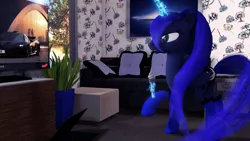 Size: 1920x1080 | Tagged: 3d, artist:thelunagames, clothes, couch, derpibooru import, food, ice cream, magic, princess luna, raised hoof, safe, socks, solo, telekinesis, television