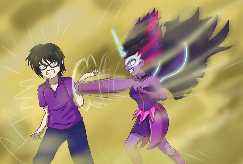 Size: 4724x3188 | Tagged: safe, artist:sumin6301, derpibooru import, sci-twi, twilight sparkle, oc, oc:sumin, equestria girls, absurd resolution, block, clothes, crossover, duo, equestria girls-ified, fight, hunter x hunter, midnight sparkle, parody, punch