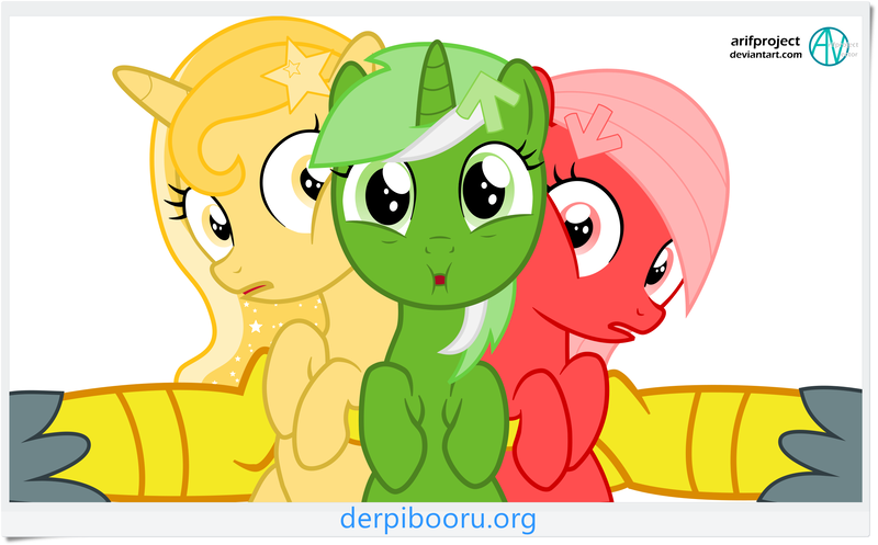 Size: 2443x1517 | Tagged: safe, artist:arifproject, derpibooru import, gabby, oc, oc:downvote, oc:favourite, oc:upvote, ponified, gryphon, pony, derpibooru, cute, derpibooru ponified, it begins, meme origin, meta, trio, varying degrees of want