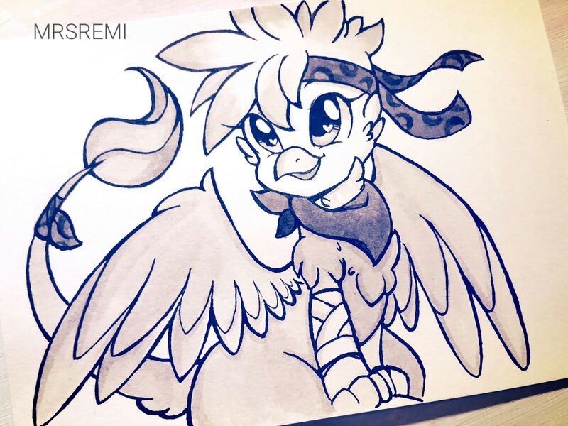 Size: 1600x1200 | Tagged: safe, artist:mrsremi, derpibooru import, oc, oc:charlene, unofficial characters only, gryphon, bandana, clothes, griffon oc, heart eyes, scarf, solo, traditional art, wingding eyes