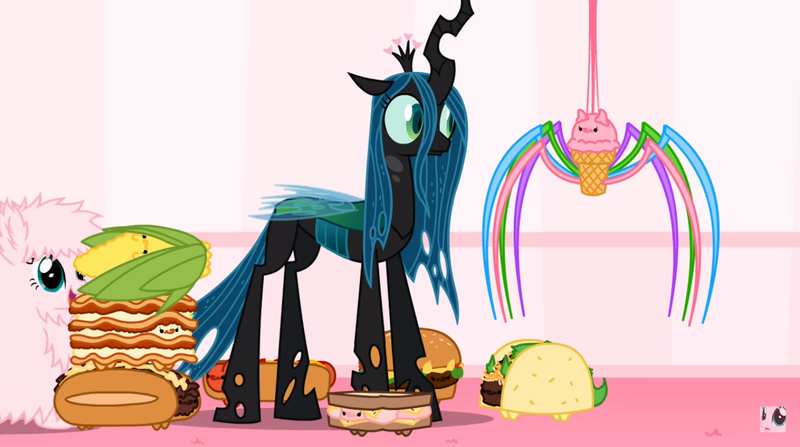 Size: 1358x758 | Tagged: animated at source, artist:mixermike622, burger, corn, derpibooru import, food, hamburger, hot dog, ice cream, ice cream spider, lasagna, meat, my little foody, not salmon, oc, oc:fluffle puff, pasta, philly cheese steak, queen chrysalis, safe, sausage, sausage party, spider, taco, wat, wtf