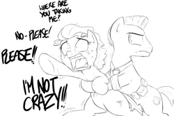 Size: 900x600 | Tagged: semi-grimdark, artist:shoutingisfun, derpibooru import, screw loose, pony, belt, clothes, crying, cute, dialogue, horrified, lineart, male, monochrome, necktie, open mouth, police, shirt, stallion, struggling, uniform, woobie, yelling