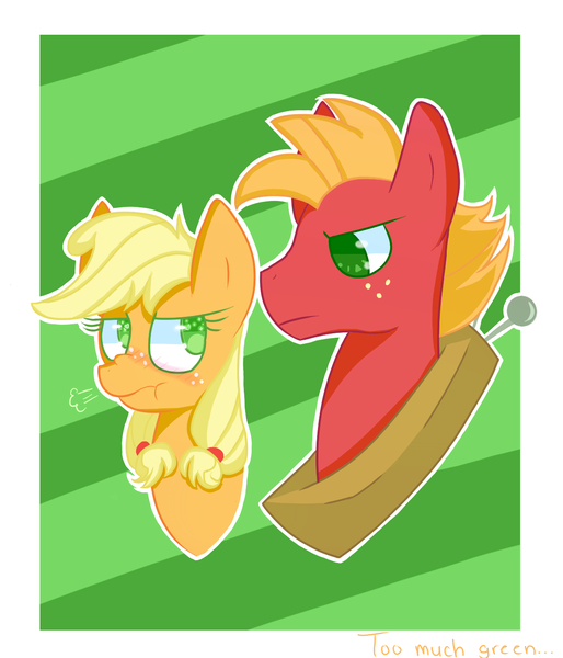 Size: 1200x1400 | Tagged: safe, artist:php54, derpibooru import, applejack, big macintosh, earth pony, pony, where the apple lies, :t, abstract background, blushing, bust, duo, female, freckles, frustrated, looking at each other, male, mare, no pupils, nose wrinkle, portrait, stallion, teenage applejack, teenage big macintosh