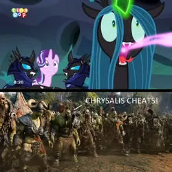 Size: 3900x3900 | Tagged: changeling, changeling feeding, changeling guard, changeling queen, derpibooru import, edit, edited screencap, female, image macro, meme, queen chrysalis, safe, screencap, starlight glimmer, to where and back again, warcraft, warcraft movie