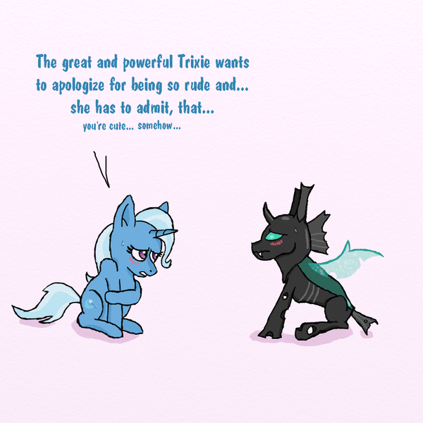 Size: 800x800 | Tagged: safe, artist:eulicious, derpibooru import, thorax, trixie, changeling, pony, unicorn, to where and back again, blushing, dialogue, embarrassed, female, male, mare, shipping, simple background, straight, sweat, thoraxie, wavy mouth