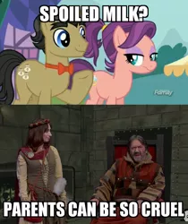 Size: 562x668 | Tagged: bowtie, derpibooru import, edit, edited screencap, filthy rich, human, image macro, irl, irl human, meme, photo, safe, screencap, spoiled milk, spoiled rich, spoilthy, where the apple lies