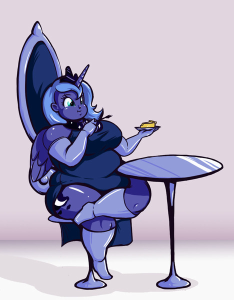 Size: 936x1200 | Tagged: artist:eishiban, breasts, busty princess luna, chubby cheeks, derpibooru import, eating, fat, female, food, horned humanization, human, humanized, obese, pie, pony coloring, princess luna, princess moonpig, s1 luna, safe, solo, winged humanization