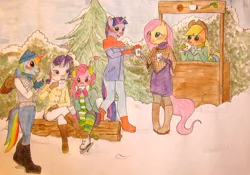 Size: 2804x1968 | Tagged: anthro, applejack, artist:raevenilonka, clothes, derpibooru import, fluttershy, mane six, pinkie pie, plantigrade anthro, rainbow dash, rarity, safe, snow, traditional art, twilight sparkle, watercolor painting, winter