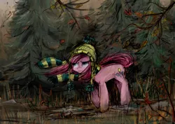 Size: 3507x2480 | Tagged: artist:sweeterwho, autumn, clothes, derpibooru import, forest, pinkamena diane pie, pinkie pie, rain, safe, scarf, solo