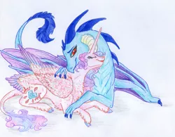 Size: 4397x3421 | Tagged: artist:dawn22eagle, chest fluff, couple, crack shipping, derpibooru import, dragon, emberheart, eyes closed, female, lesbian, princess ember, princess flurry heart, safe, shipping, unshorn fetlocks