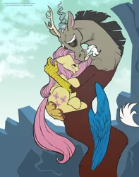 Size: 540x686 | Tagged: safe, artist:thecuriousfool, derpibooru import, discord, fluttershy, draconequus, pegasus, pony, to where and back again, blushing, cute, discoshy, discute, eyes closed, female, hug, male, mare, scene interpretation, shipping, shyabetes, signature, smiling, snuggling, straight