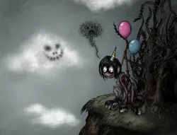 Size: 1890x1447 | Tagged: artist:shapeshiftershadow, balloon, blood, cloud, creepy, derpibooru import, grimdark, hat, oc, oc:anathema, party hat, unofficial characters only