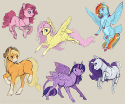 Size: 1120x935 | Tagged: safe, artist:cuttledreams, derpibooru import, applejack, fluttershy, pinkie pie, rainbow dash, rarity, twilight sparkle, twilight sparkle (alicorn), alicorn, classical unicorn, pony, animated, cloven hooves, colored sketch, constellation, flying, gif, leonine tail, mane six, missing cutie mark, simple background, tail feathers, tongue out, unshorn fetlocks