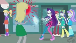 Size: 1280x720 | Tagged: safe, derpibooru import, edit, edited screencap, screencap, aqua blossom, blueberry cake, cloudy kicks, derpy hooves, rarity, rose heart, epic rage time, equestria girls, life is a runway, abuse, background human, eye beams, optic blast