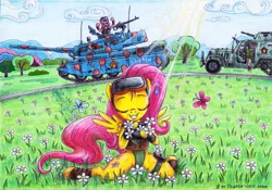 Size: 1024x715 | Tagged: angry, armored car, artist:olgfox, butterfly, crepuscular rays, derpibooru import, eyes closed, flower, fluttershy, goggles, grin, half track, hippie, hippieshy, meadow, military uniform, pinkie pie, safe, sitting, smiling, spread wings, tank (vehicle), traditional art