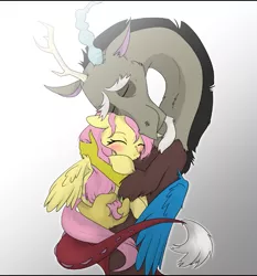 Size: 675x724 | Tagged: safe, artist:gamblingfoxinahat, derpibooru import, discord, fluttershy, draconequus, pegasus, pony, to where and back again, blushing, cute, discoshy, eyes closed, female, gradient background, gray background, hug, male, mare, scene interpretation, shipping, shyabetes, simple background, straight, wings