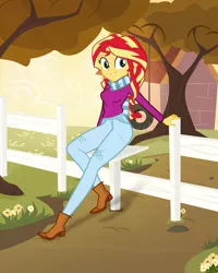 Size: 4000x5000 | Tagged: safe, artist:darthlena, derpibooru import, sunset shimmer, equestria girls, absurd resolution, autumn, boots, clothes, cute, fence, happy, jeans, legs, pants, scarf, scenery, solo