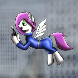 Size: 2000x2000 | Tagged: safe, artist:treble sketch, derpibooru import, oc, oc:lavender sunrise, unofficial characters only, pegasus, pony, fallout equestria, camera, city, cityscape, commission, female, flying, mare, smiling, solo, vault suit