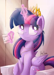 Size: 1760x2400 | Tagged: safe, artist:bugplayer, derpibooru import, twilight sparkle, twilight sparkle (alicorn), alicorn, pony, beverage, bugplayer is trying to murder us, chest fluff, crepuscular rays, crown, cup, cute, female, jewelry, magic, mare, mug, necklace, regalia, signature, sitting, smiling, solo, twiabetes