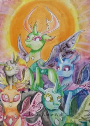 Size: 1969x2753 | Tagged: artist:lunar-white-wolf, changedling, changeling, changeling king, derpibooru import, glitter, king thorax, safe, sun, thorax, to where and back again, traditional art