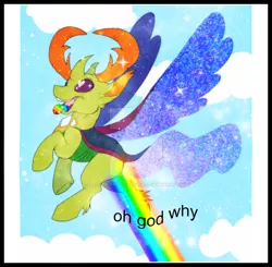 Size: 800x783 | Tagged: safe, artist:xxcaliforniaangelxx, derpibooru import, thorax, changedling, changeling, to where and back again, king thorax, rainbow, solo, text, tongue out, watermark, why