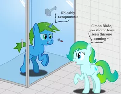 Size: 3180x2472 | Tagged: safe, artist:bladedragoon7575, derpibooru import, oc, oc:balance blade, oc:delphina depths, unofficial characters only, aquaphilia, fetish, glass, one eye closed, prank, raised hoof, shower, trapped, unamused, underwater, wink