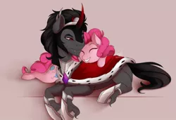 Size: 1280x878 | Tagged: safe, artist:evehly, derpibooru import, king sombra, pinkie pie, earth pony, pony, unicorn, armor, cape, clothes, colored horn, crack shipping, cuddling, curved horn, eyes closed, fangs, female, horn, jewelry, male, mare, regalia, shipping, snuggling, sombra's horn, sombrapie, stallion, straight