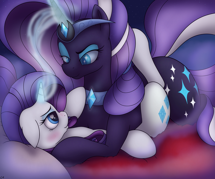 Size: 2340x1950 | Tagged: suggestive, artist:conscious-aberration, derpibooru import, nightmare rarity, rarity, pony, bed, blushing, duality, eyeshadow, female, floppy ears, glowing horn, heart eyes, jewelry, lesbian, lip bite, looking at each other, makeup, necklace, on back, pillow, rarecest, self ponidox, selfcest, shipping, tiara, wingding eyes