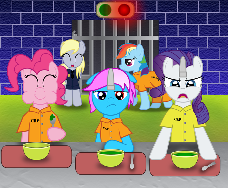 Size: 2000x1650 | Tagged: safe, artist:spellboundcanvas, derpibooru import, derpy hooves, pinkie pie, rainbow dash, rarity, oc, oc:gemstone hammerhoof, pegasus, pony, bored, cafeteria, clothes, disgusted, eating, female, food, gate, horn cap, magic suppression, mare, prison, prison outfit, prisoner, prisoner rd, soup, spoon, table, tray