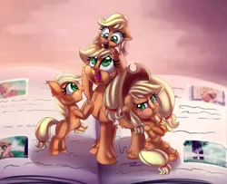 Size: 3000x2437 | Tagged: safe, artist:discorded, derpibooru import, applejack, where the apple lies, age difference, baby, babyjack, cowboy hat, crossed hooves, cute, filly, filly applejack, foal, freckles, hat, jackabetes, jackletree, jealous, multeity, open mouth, pacifier, photo album, self ponidox, sitting, stetson, teenage applejack, time paradox, younger