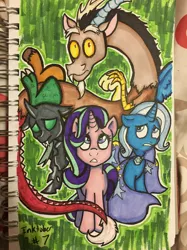 Size: 1280x1707 | Tagged: safe, artist:doodlinjaz, derpibooru import, discord, starlight glimmer, thorax, trixie, changeling, draconequus, pony, unicorn, to where and back again, female, mare, reformed four, traditional art