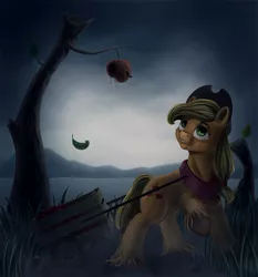 Size: 1350x1450 | Tagged: safe, artist:sentabry, derpibooru import, applejack, earth pony, pony, worm, apple, cart, dead tree, food, grass, lake, leaf, mountain, raised hoof, solo, tree, unshorn fetlocks