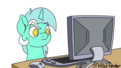 Size: 1280x720 | Tagged: safe, artist:witchtaunter, derpibooru import, lyra heartstrings, pony, animated, barf, computer, computer mouse, disgusted, floppy ears, frame by frame, gif, horrified, keyboard, looking at you, lyra is not amused, monitor, no pupils, reaction image, simple background, solo, table, unamused, vomit, vomiting